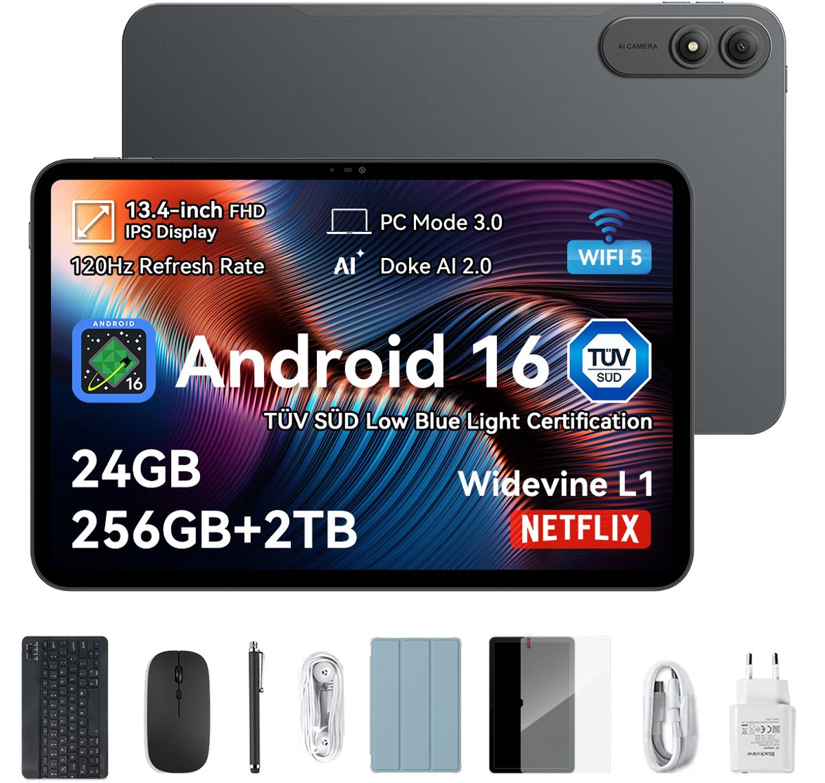 OSCAL Tablet - Pad 200 - AI Tablet - 8300mAh - 13.4 Inch Full HD - 24GB RAM - 256GB ROM - Android 16 - Met Toetsenbord(QWERTY), Beschermhoes, Muis, Stylus - Zwart (6931548326229)