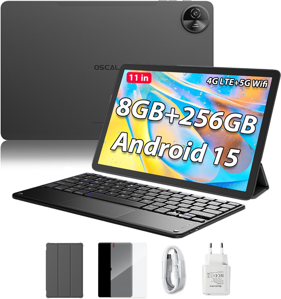 OSCAL Tablet Pad 90 Pro - 11 Inch - 24GB RAM - 256GB ROM - 7700mAh - Met Toetsenbord(QWERTY) - Android 15 - Bluetooth 5.0 - GPS - Grijs (0810201777515)