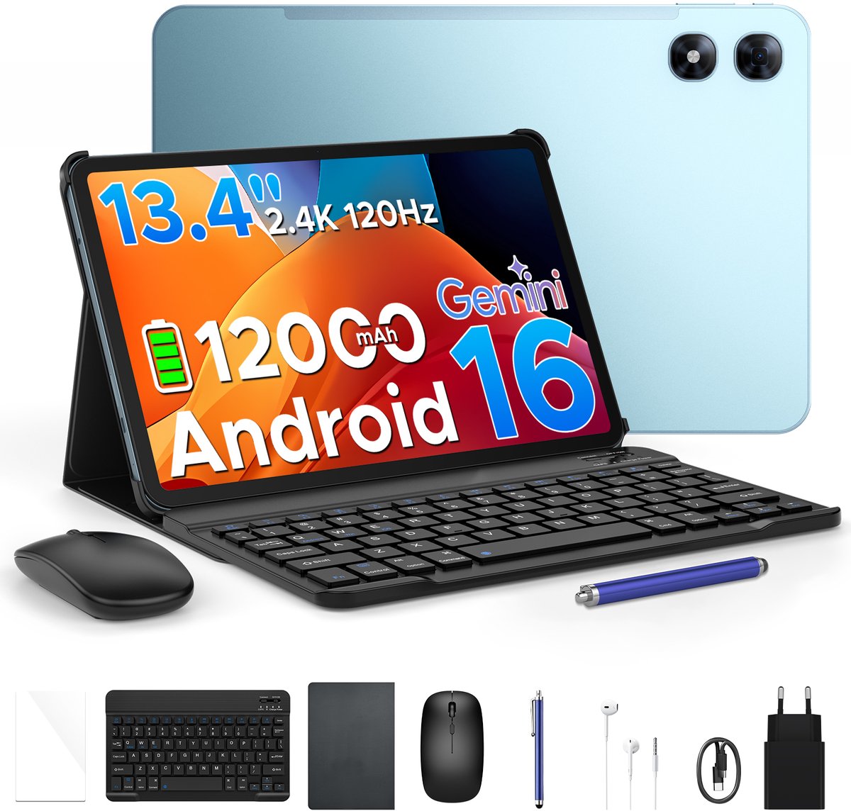 POCKAM P13 Pro - 13,4 inch tablet FHD+ 120 Hz - Android 16 - UNISOC T7280 Octa-Core - 12 GB RAM + 256 GB ROM (2 TB/TF) - 12000 mAh - 4G LTE - Wi-Fi 5 - Bluetooth 5.0 - Inclusief toetsenbord, muis, Stylus en hoesje - Dubbele luidsprekers - Blauw (6979284600050)