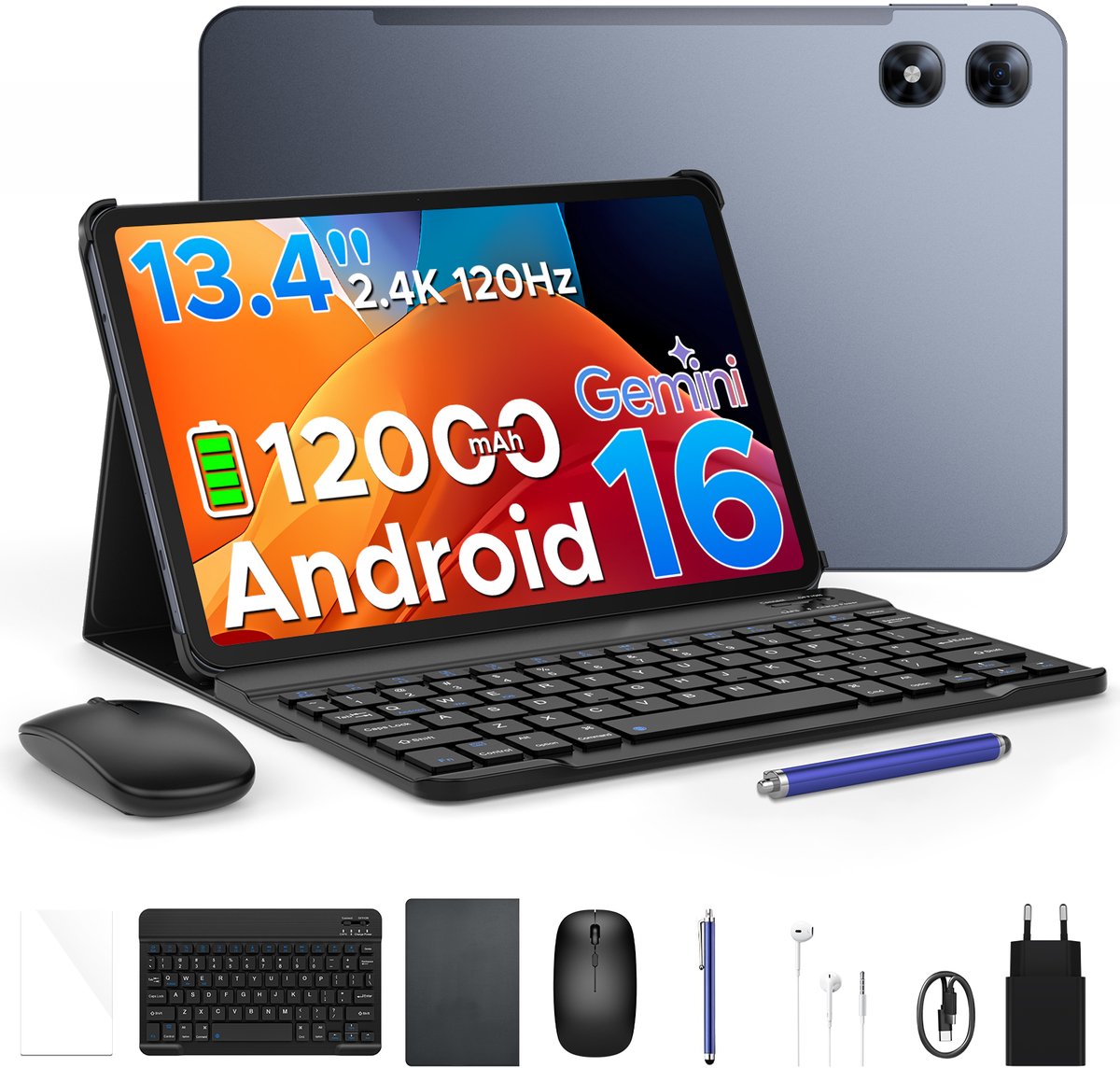 POCKAM P13 Pro - 13,4 inch tablet FHD+ 120 Hz - Android 16 - UNISOC T7280 Octa-Core - 12 GB RAM + 256 GB ROM (2 TB/TF) - 12000 mAh - 4G LTE - Wi-Fi 5 - Bluetooth 5.0 - Inclusief toetsenbord, muis, Stylus en hoesje - Dubbele luidsprekers - Grijs (6979284600043)