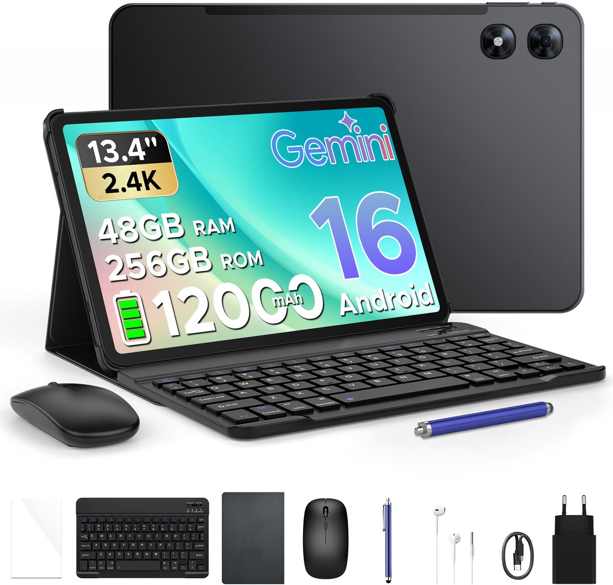 POCKAM P13 Pro - 13,4 inch tablet FHD+ 120 Hz - Android 16 - UNISOC T7280 Octa-Core - 12 GB RAM + 256 GB ROM (2 TB/TF) - 12000 mAh - 4G LTE - Wi-Fi 5 - Bluetooth 5.0 - Inclusief toetsenbord, muis, Stylus en hoesje - Dubbele luidsprekers - Zwart (6979284600036)