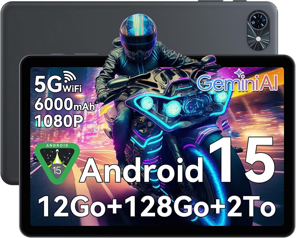 TABWEE Tablet T80 - 5G WiFi - Gemini AI - 12GB RAM - 128GB ROM - 6000 mAh - Android 15 - Bluetooth 5.0 - 1080P - Grijs (6931548323563)