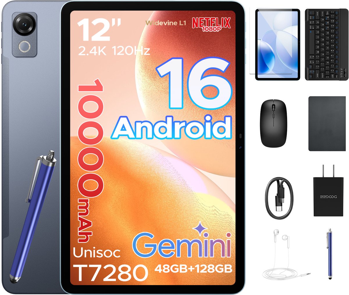 Aorlym P12-tablet - 12 inch 2K 120 Hz IPS - Android 16 - 48 GB RAM (8+40 GB) - 128 GB ROM - 10000 mAh /18 W - Octa-Core T7280 - Dubbele camera - WiFi 5 - Bluetooth - Face ID - Toetsenbord - Stylus meegeleverd (6979284600289)