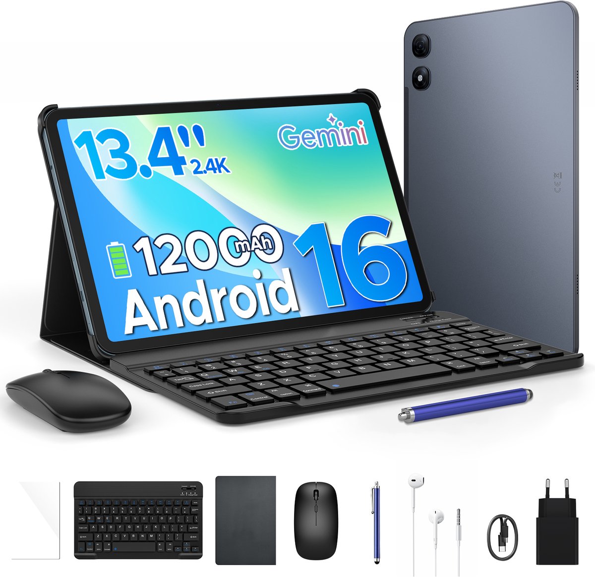 Aorlym P13 Pro - Tablet - 12 GB RAM + 256 GB ROM (2 TB/TF) - 13,4 inch tablet FHD+ 120 Hz - Android 16 - UNISOC T7280 - 12000 mAh - 4G LTE - Wi-Fi 5 - Bluetooth 5.0 - Inclusief toetsenbord, muis, Stylus en hoesje - Dubbele luidsprekers - Grijs (6979284600012)