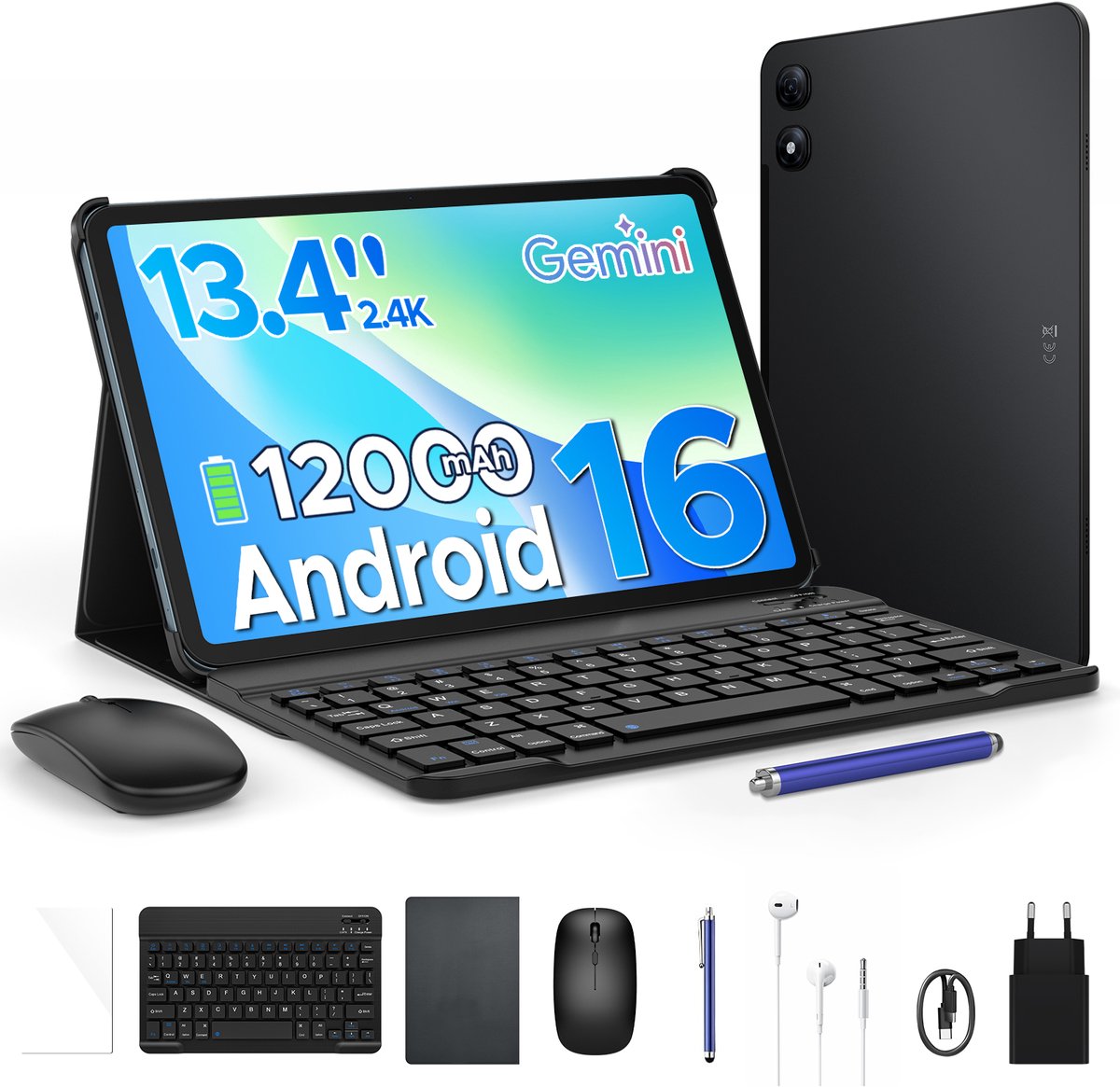 Aorlym P13 Pro - Tablet - 12 GB RAM + 256 GB ROM (2 TB/TF) - 13,4 inch tablet FHD+ 120 Hz - Android 16 - UNISOC T7280 - 12000 mAh - 4G LTE - Wi-Fi 5 - Bluetooth 5.0 - Inclusief toetsenbord, muis, Stylus en hoesje - Dubbele luidsprekers - Zwart (6979284600005)