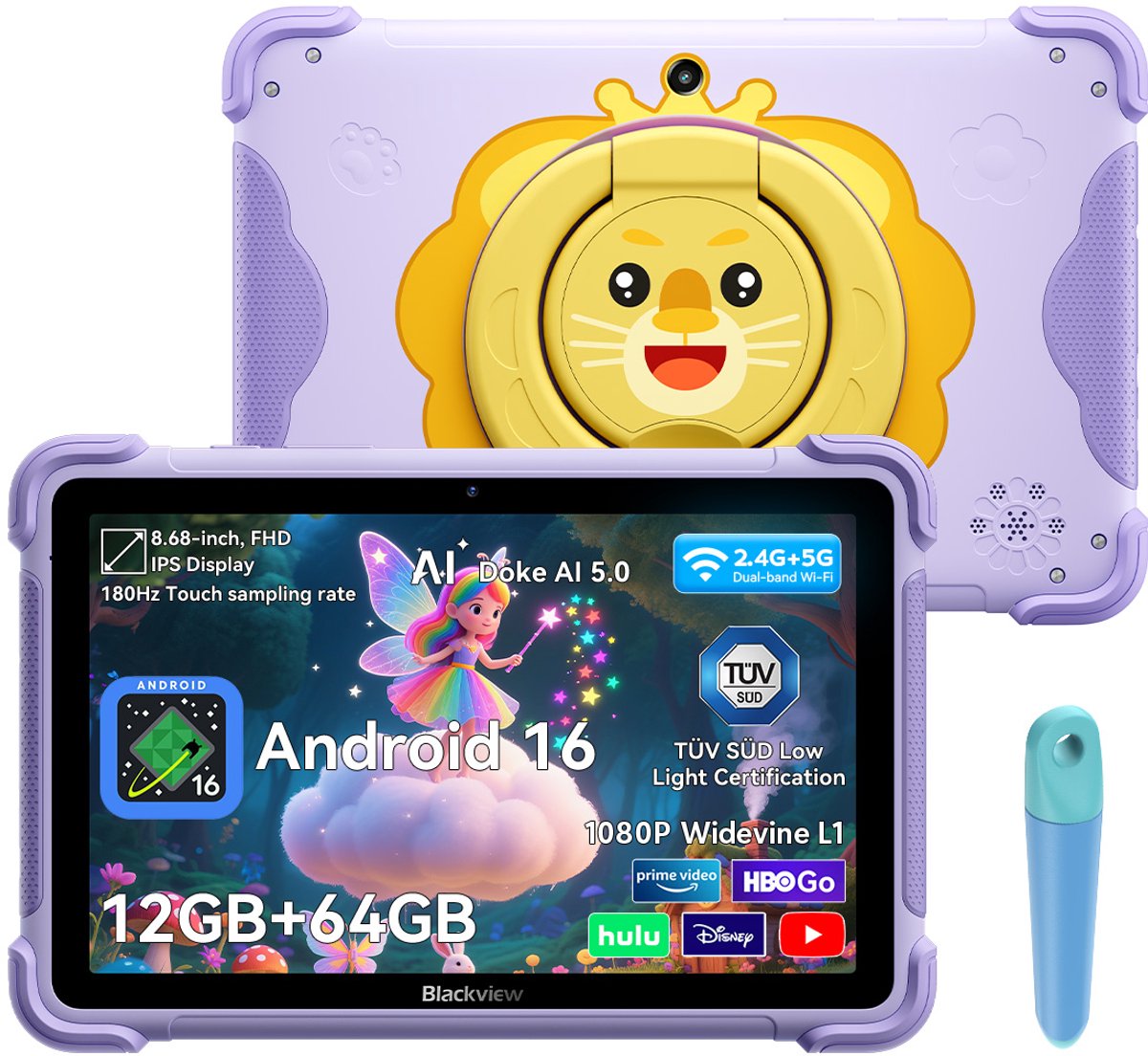 Blackview LINK 1 Kids - Tablet - Kindertablet - 12GB RAM - 64GB ROM - 8.68 inch - Android 16 - Ouderlijk Toezicht App - Oogzorgmodus - Met pen - Beschermhoes - Paars (6931548325727)