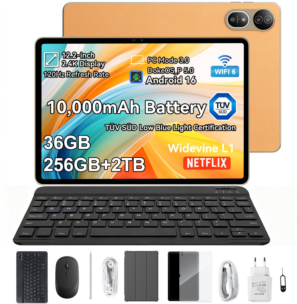 Blackview MEGA 12 - Tablet - Gaming Tablet - Android 16 - 12.2 inch - 36GB RAM - 256GB ROM - 5G Tablet - 10000mAh - Gouden (6931548325291)