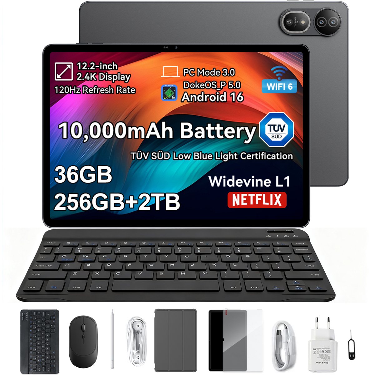 Blackview MEGA 12 - Tablet - Gaming Tablet - Android 16 - 12.2 inch - 36GB RAM - 256GB ROM - 5G Tablet - 10000mAh - Grijs (6931548325307)