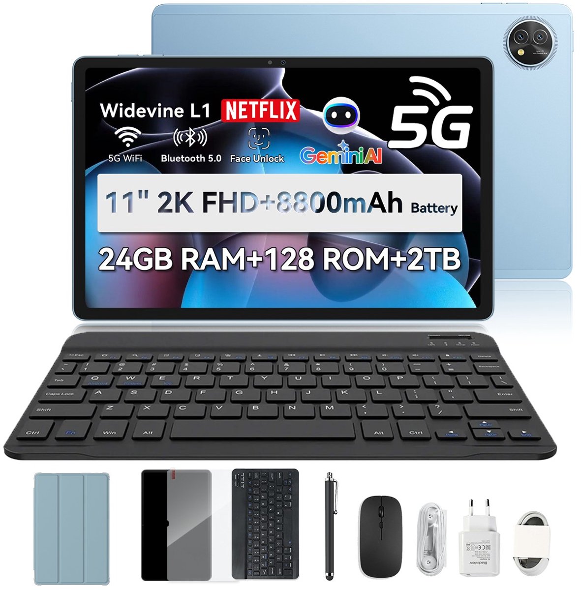 Blackview ZENO 10 Tablet - 5G AI Tablet - 24GB RAM - 128 GB ROM - 11 inch - 8800mAh - Met Toetsenbord(QWERTY), Beschermhoes, Muis, Stylus - Android 15 Tablet - Widevine L1 - GPS - Blauw (6931548324959)