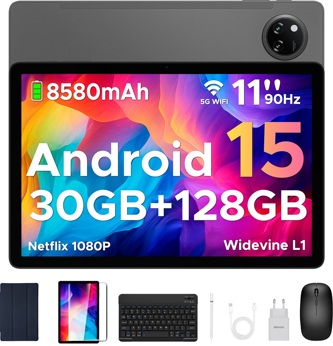 DOOGEE Tab A9 Pro+ Android 15-tablet met toetsenbord 11-inch scherm + 90 Hz verversingssnelheid 6 GB RAM + 128 GB opslagruimte 8580 mAh-batterij Octa-Core T7200-processor 13 MP-camera,Grijs (6923740267042)