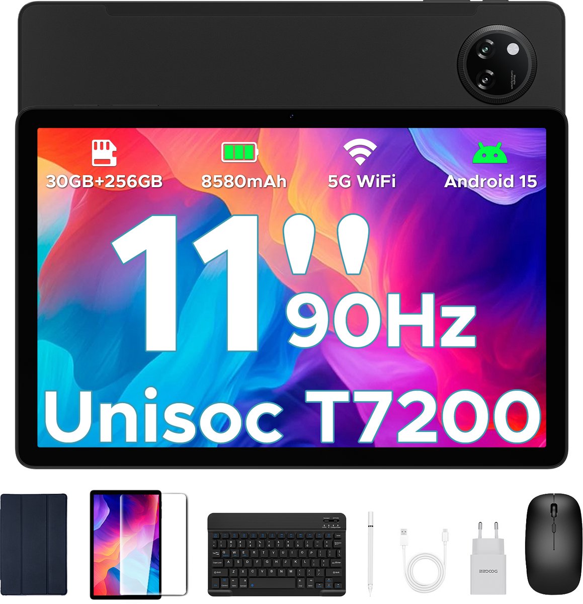 DOOGEE Tab A9 Pro+ Android 15-tablet met toetsenbord 11-inch scherm + 90 Hz verversingssnelheid 6 GB RAM + 128 GB opslagruimte 8580 mAh-batterij Octa-Core T7200-processor 13 MP-camera,Zwart (6923740258484)