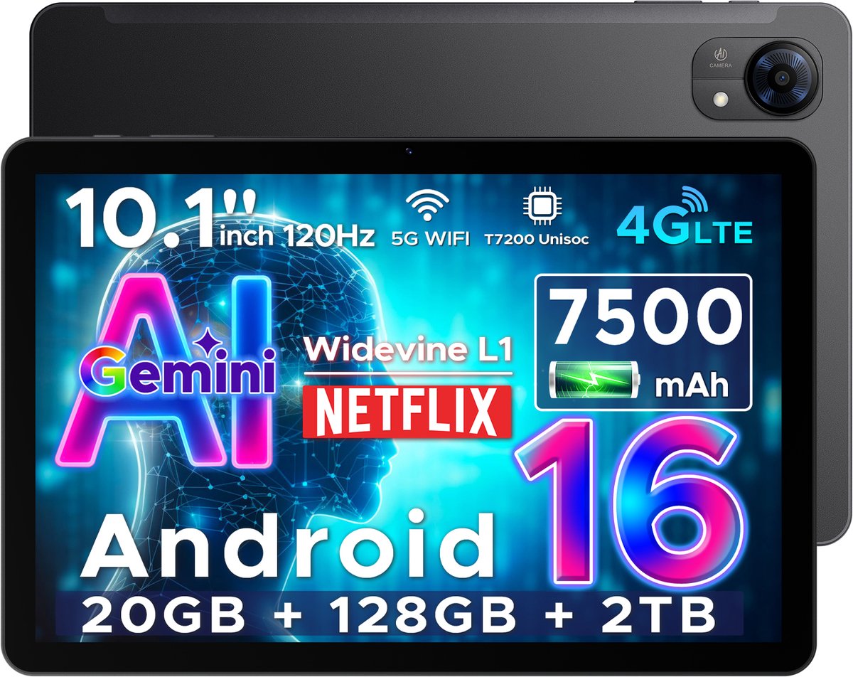 DOOGEE Tab G5 - Tablet - 20GB + 128GB (2TB TF) - 4G LTE - Android 16 - 10 inth 120Hz IPS HD - Unisoc T7200 - 7500mAh - 2 Lautsprecher - Widevine L1 - Face ID - GPS - Zwart (6942654903983)