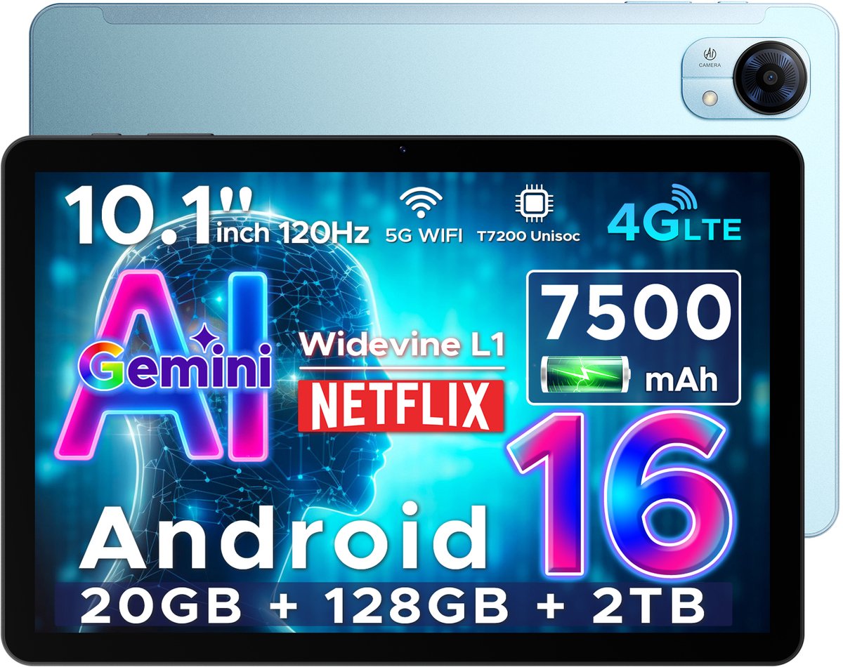 DOOGEE Tab G5 - Tablet - 20GB + 128GB (2TB TF) - 4G LTE - Android 16 - 10 inth 120Hz IPS HD - Unisoc T7200 - 7500mAh - 2 Lautsprecher - Widevine L1 - Face ID - GPS - Blauw (6942654903747)