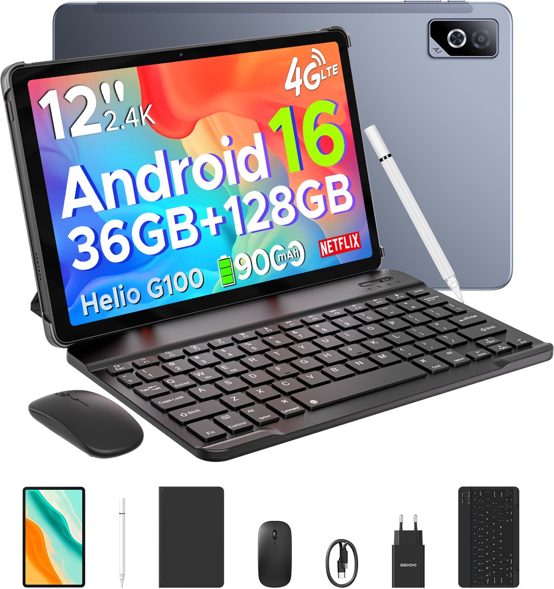 DOOGEE Tab G6 Pro VIP - Tablet - 36GB RAM + 128GB ROM (2TB/TF) - 9000mAh/18W - 12 inch 2.4K 90Hz - 4G LTE - Gemini AI - Helio G100 - 5G WiFi - Face ID - Dubbele luidsprekers - OTG - Met toetsenbord, muis, leren tas en pen (6923740287392)