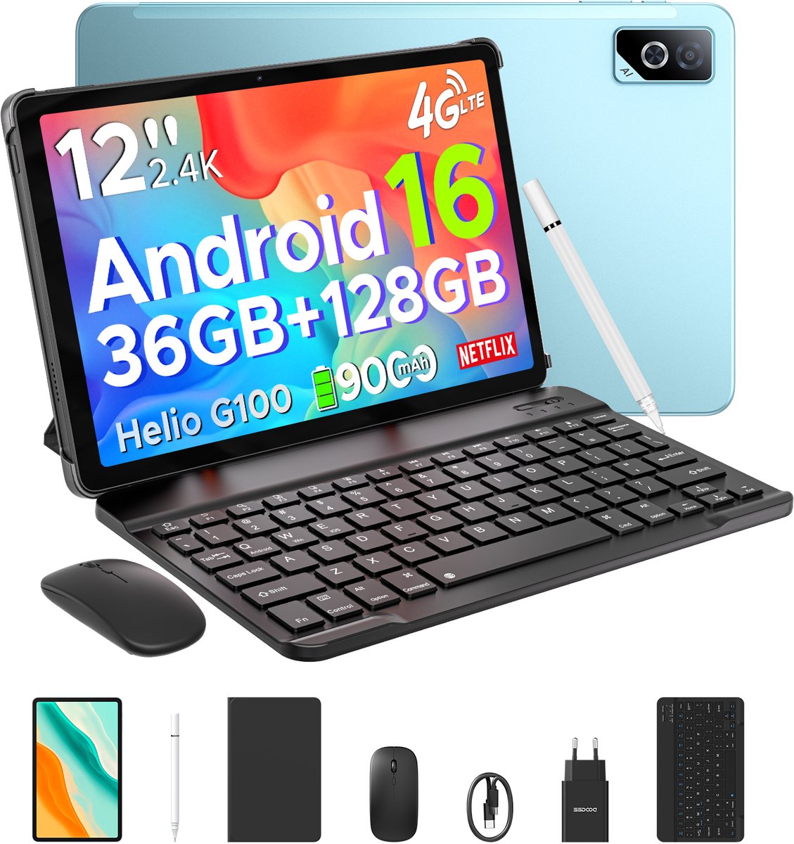 DOOGEE Tab G6 Pro VIP - Tablet - 36GB RAM + 128GB ROM (2TB/TF) - 9000mAh/18W - 12 inch 2.4K 90Hz - 4G LTE - Gemini AI - Helio G100 - 5G WiFi - Face ID - Dubbele luidsprekers - OTG - Met toetsenbord, muis, leren tas en pen (6923740287408)