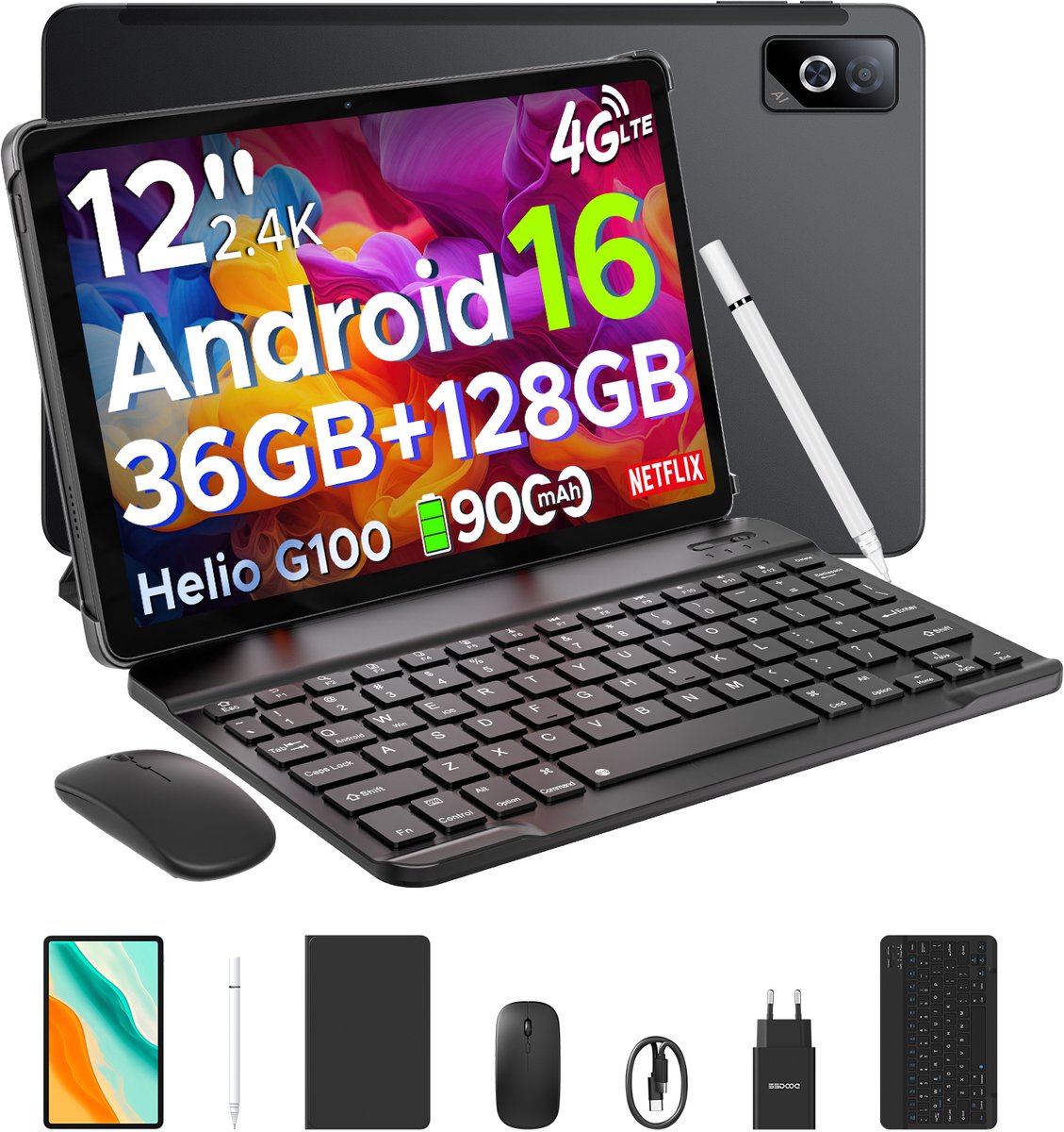 DOOGEE Tab G6 Pro VIP - Tablet - 36GB RAM + 128GB ROM (2TB/TF) - 9000mAh/18W - 12 inch 2.4K 90Hz - 4G LTE - Gemini AI - Helio G100 - 5G WiFi - Face ID - Dubbele luidsprekers - OTG - Met toetsenbord, muis, leren tas en pen (6923740287385)