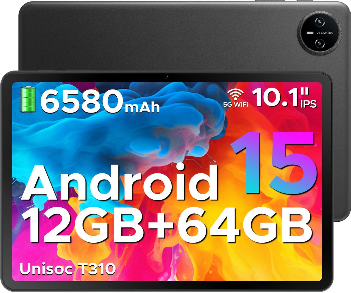 DOOGEE Tablet A9-Android 15-12GB RAM - 64GB ROM-10 Inch-6580 mAh - 5G WiFi-Tablet Unisoc T310-Dubbele Luidspreker-3,5 mm aansluiting- Zwart (6923740255780)