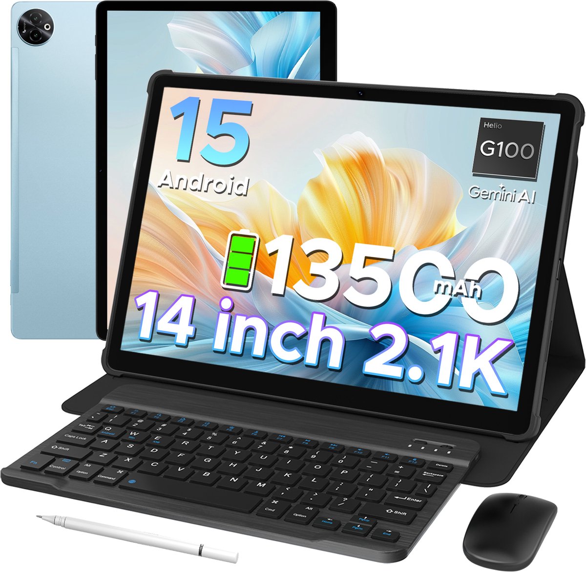 Doogee TAB E3 Max - 32 GB RAM + 256 GB ROM /TF 2TB -MTK Helio G100 - 14 inth Ips - Android 15 - 13500mAh - 4G LTE - 5G WLAN - Vier luidsprekers - GPS - Blauw (6923740255643)