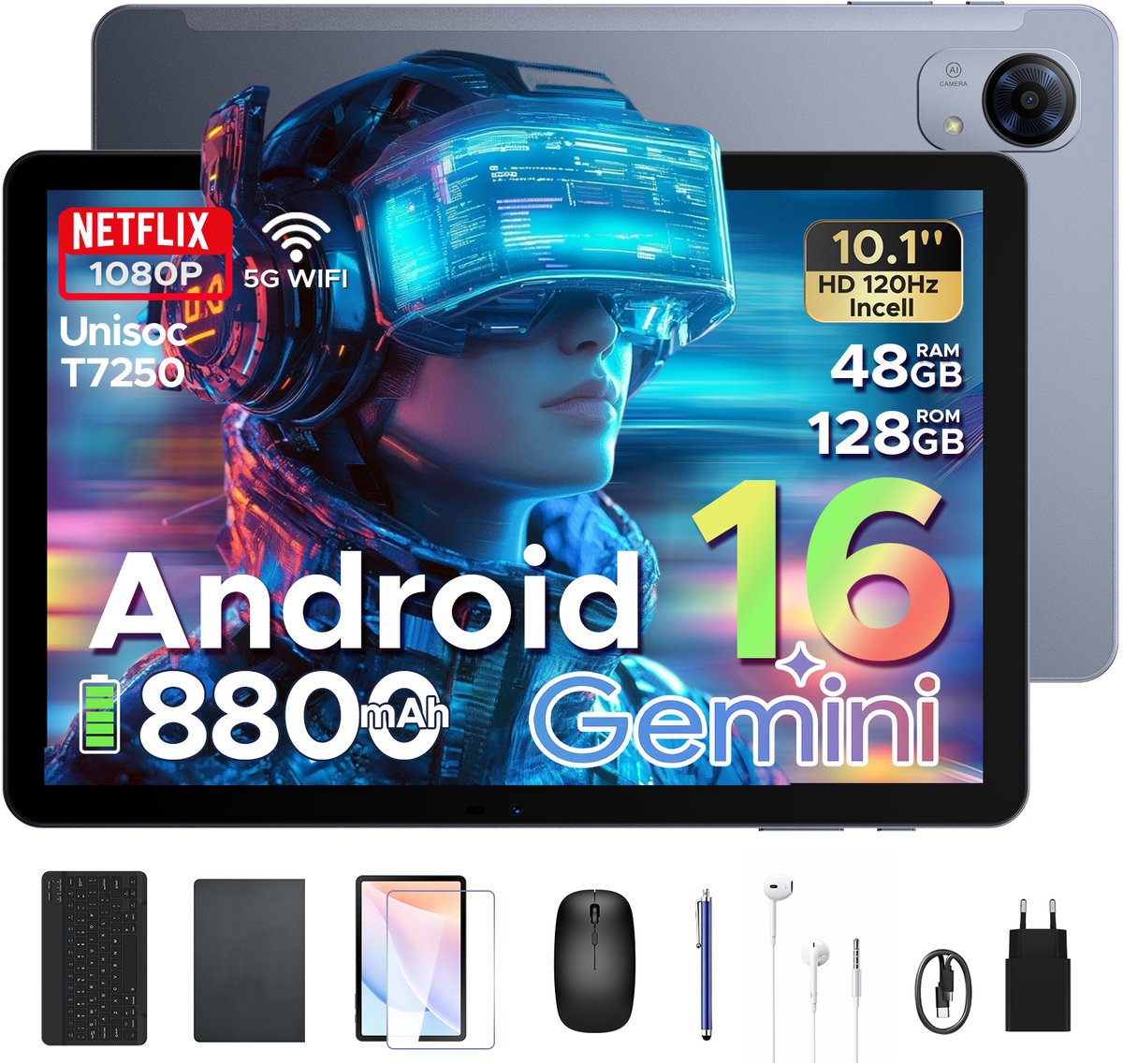 POCKAM P10 Pro - Tablet - 48 GB RAM (8+40 GB) + 128 GB ROM (2 TB/TF) - Android 16 - 10,1 inch HD 120 Hz - 8800 mAh - Gemini AI - T7250 Octa Core - Face ID - Dubbele luidsprekers, complete accessoirebundel met toetsenbord en stylus (6979284600135)