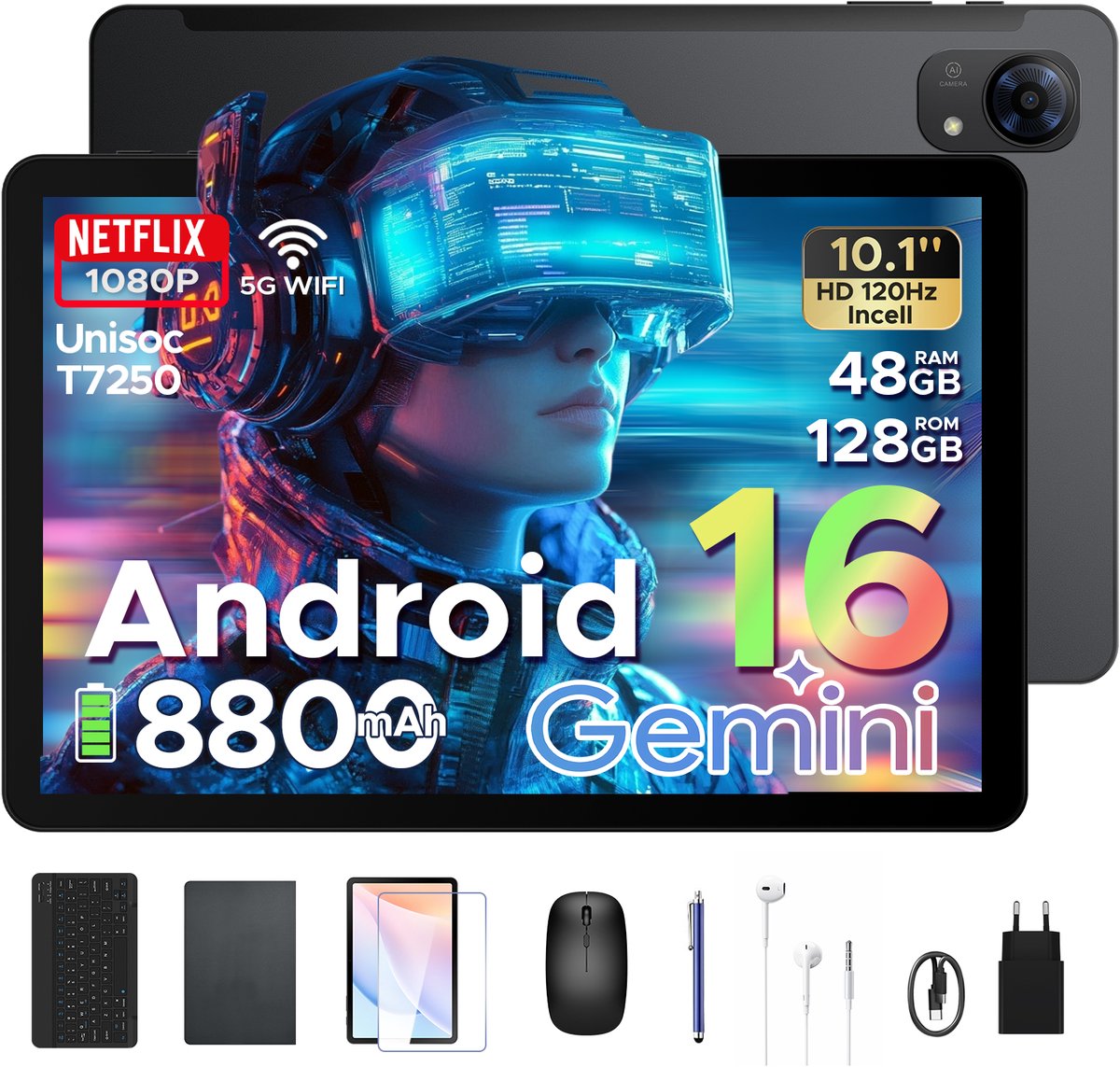 POCKAM P10 Pro - Tablet - 48 GB RAM (8+40 GB) + 128 GB ROM (2 TB/TF) - Android 16 - 10,1 inch HD 120 Hz - 8800 mAh - Gemini AI - T7250 Octa Core - Face ID - Dubbele luidsprekers, complete accessoirebundel met toetsenbord en stylus (6979284600128)