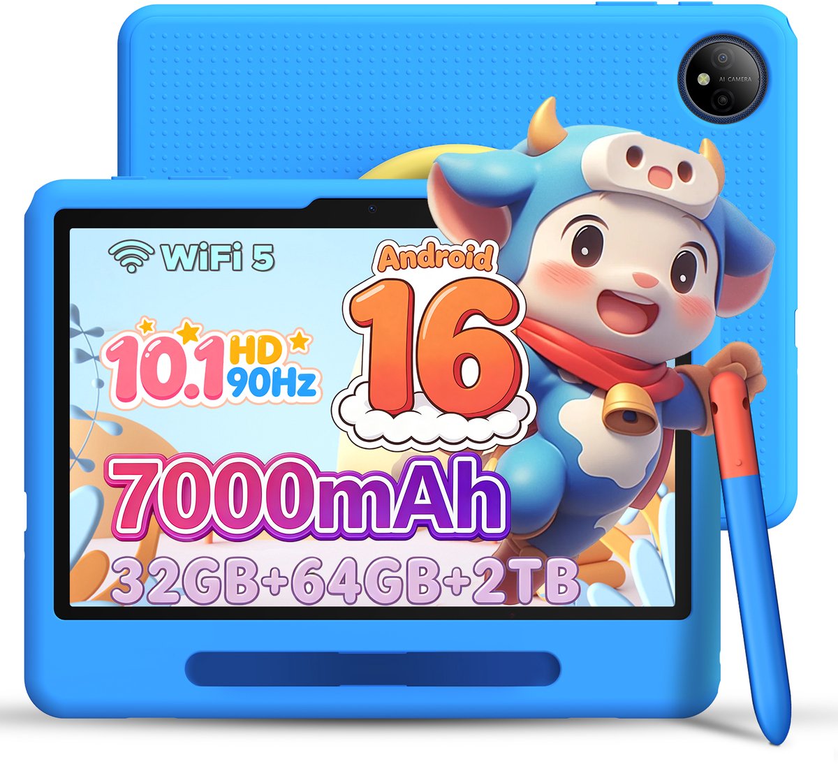 POCKAM P10 kindertablet - 32 GB RAM (6+26 GB) + 64 ROM - 10,1 inth HD 90 Hz - Android 16 - 7000 mAh - WiFi 5 - Face ID - Gmini AI - Inclusief kindvriendelijk hoesje - Styluspen - Blauwlichtfilterfilm (6979284600425)