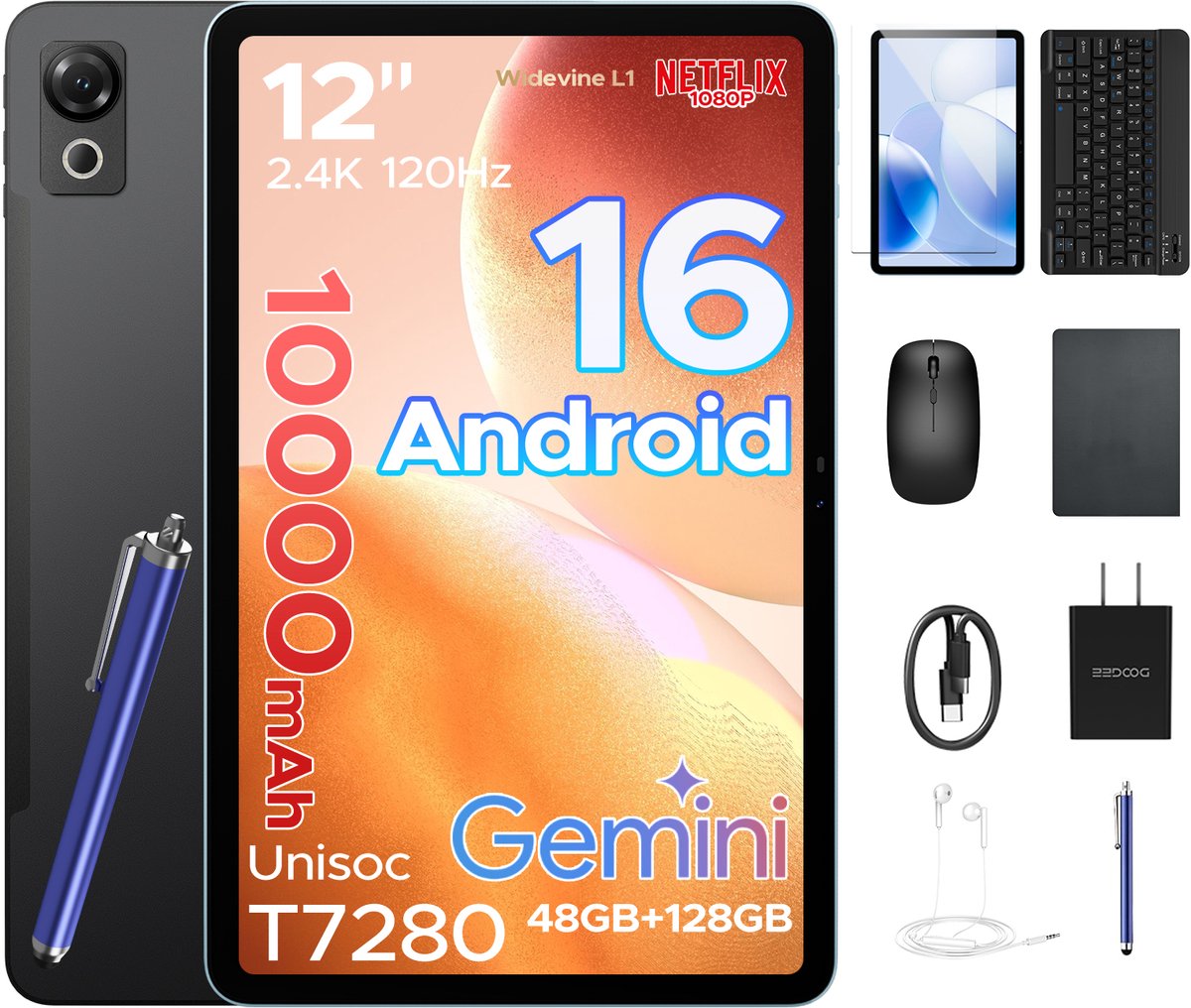 POCKAM P12 - Tablet - 48 GB RAM (8+40 GB) - 128 GB ROM - 12 inch 2K 120 Hz IPS - Android 16 - 10000 mAh /18 W - T7280 - Dubbele camera - WiFi 5 - Bluetooth - Face ID - Toetsenbord - Stylus meegeleverd (6979284600180)