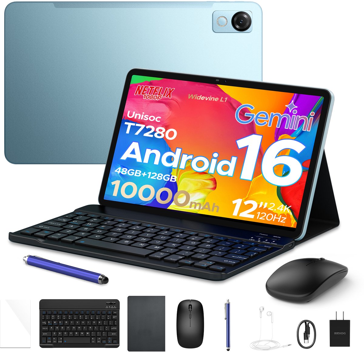 POCKAM P12-tablet - 12 inch 2K 120 Hz IPS - Android 16 - 48 GB RAM (8+40 GB) - 128 GB ROM - 10000 mAh /18 W - Octa-Core T7280 - Dubbele camera - WiFi 5 - Bluetooth - Face ID - Toetsenbord - Stylus meegeleverd (6979284600265)