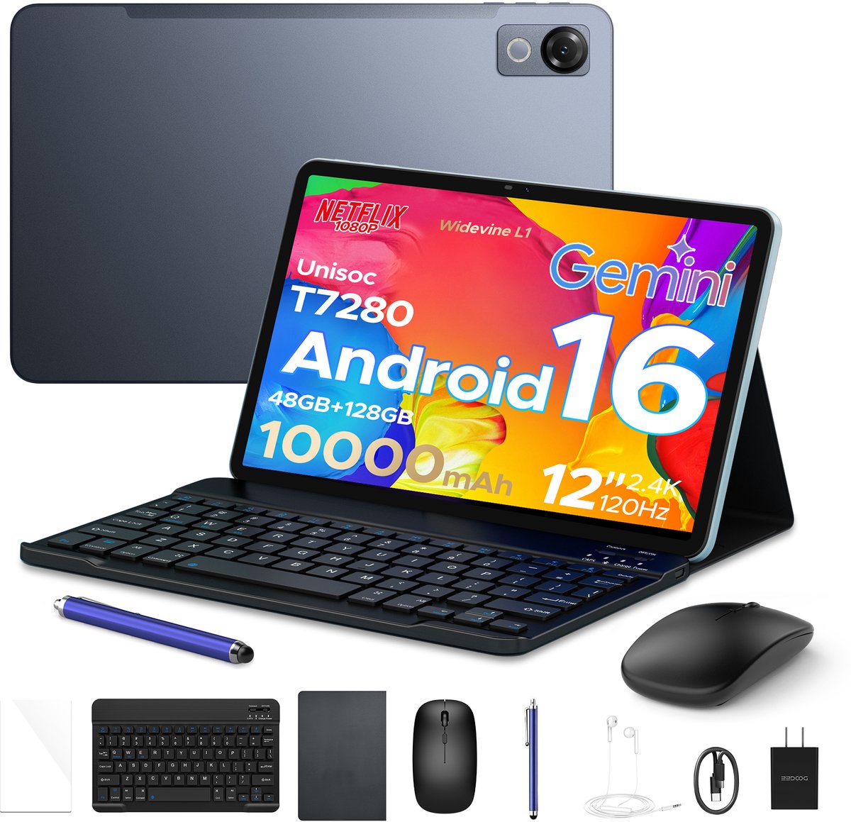 POCKAM P12-tablet - 12 inch 2K 120 Hz IPS - Android 16 - 48 GB RAM (8+40 GB) - 128 GB ROM - 10000 mAh /18 W - Octa-Core T7280 - Dubbele camera - WiFi 5 - Bluetooth - Face ID - Toetsenbord - Stylus meegeleverd (6979284600197)