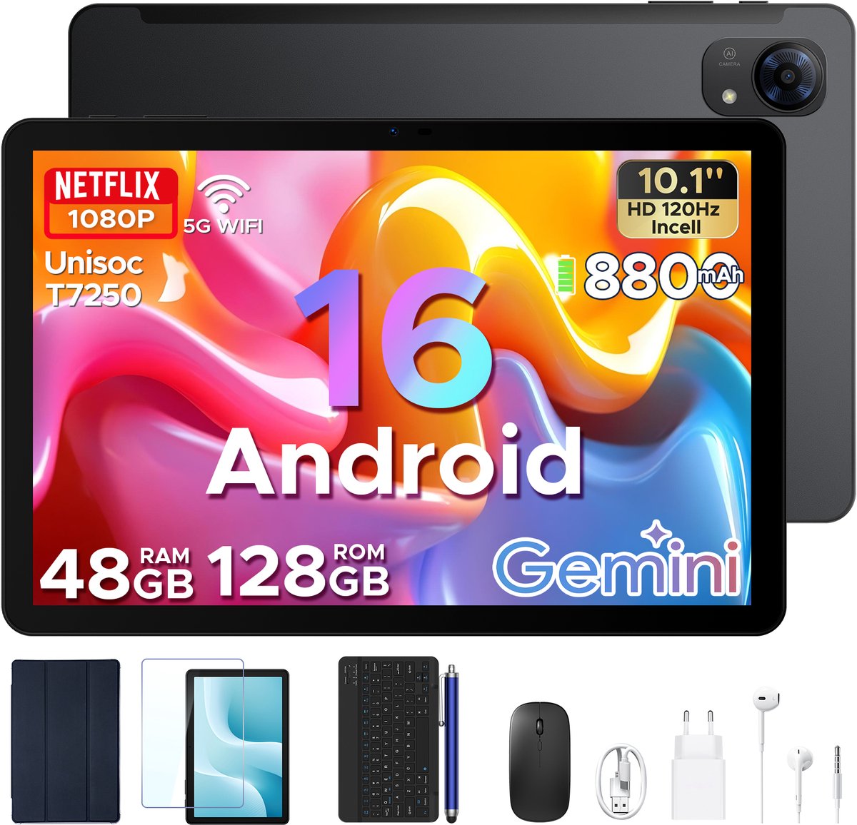 Aorlym P10 Pro Tablets - 48 GB RAM (8+40 GB) + 128 GB ROM (2 TB/TF) - 10,1 inch HD 120 Hz - Android 16 - 8800 mAh - Gemini AI - T7250 - Face ID - Dubbele luidsprekers, complete accessoirebundel met toetsenbord en stylus - Zwart (6979284600159)