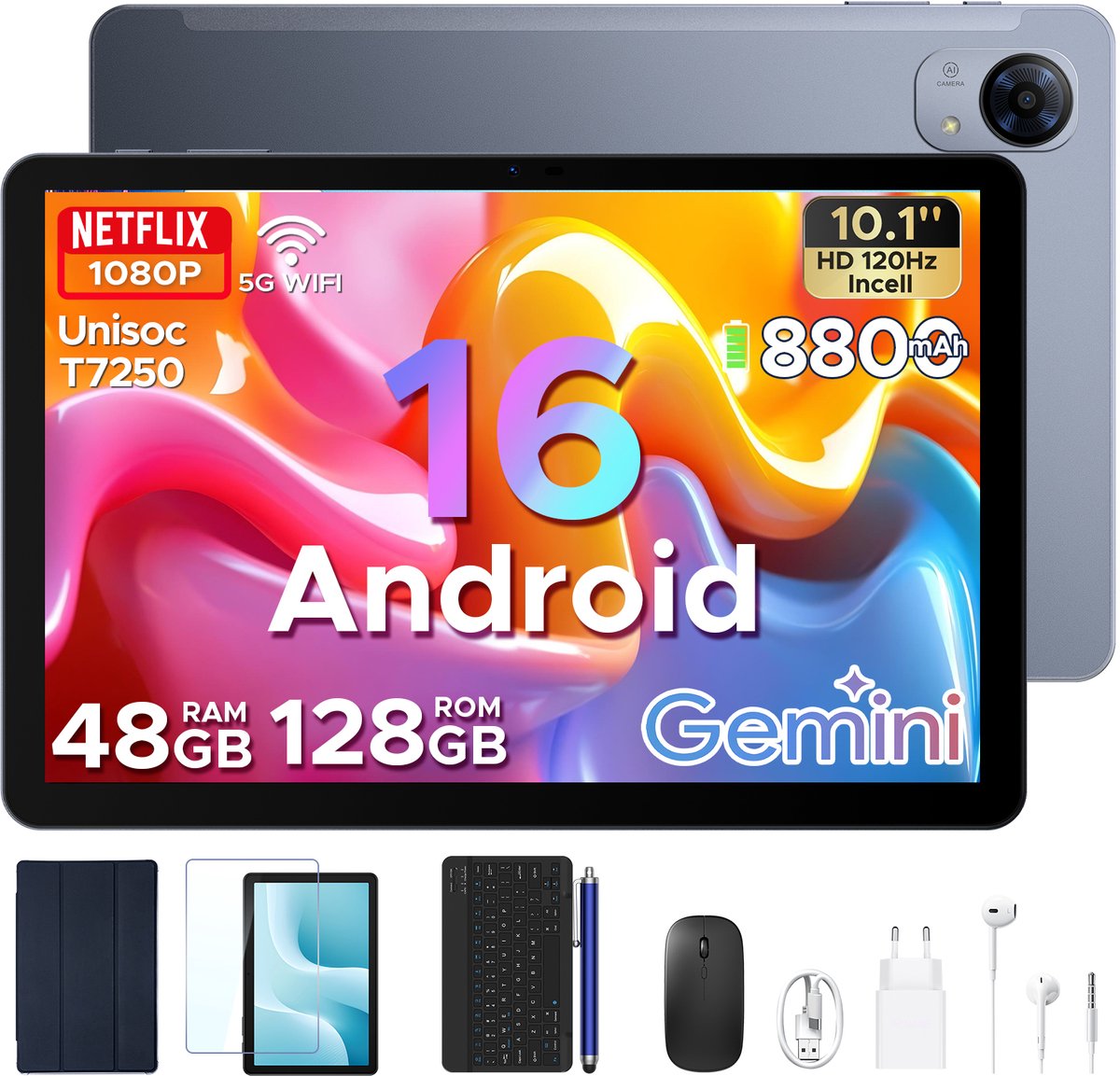 Aorlym P10 Pro Tablets - 48 GB RAM (8+40 GB) + 128 GB ROM (2 TB/TF) - 10,1 inch HD 120 Hz - Android 16 - 8800 mAh - Gemini AI - T7250 - Face ID - Dubbele luidsprekers, complete accessoirebundel met toetsenbord en stylus - Grijs (6979284600166)