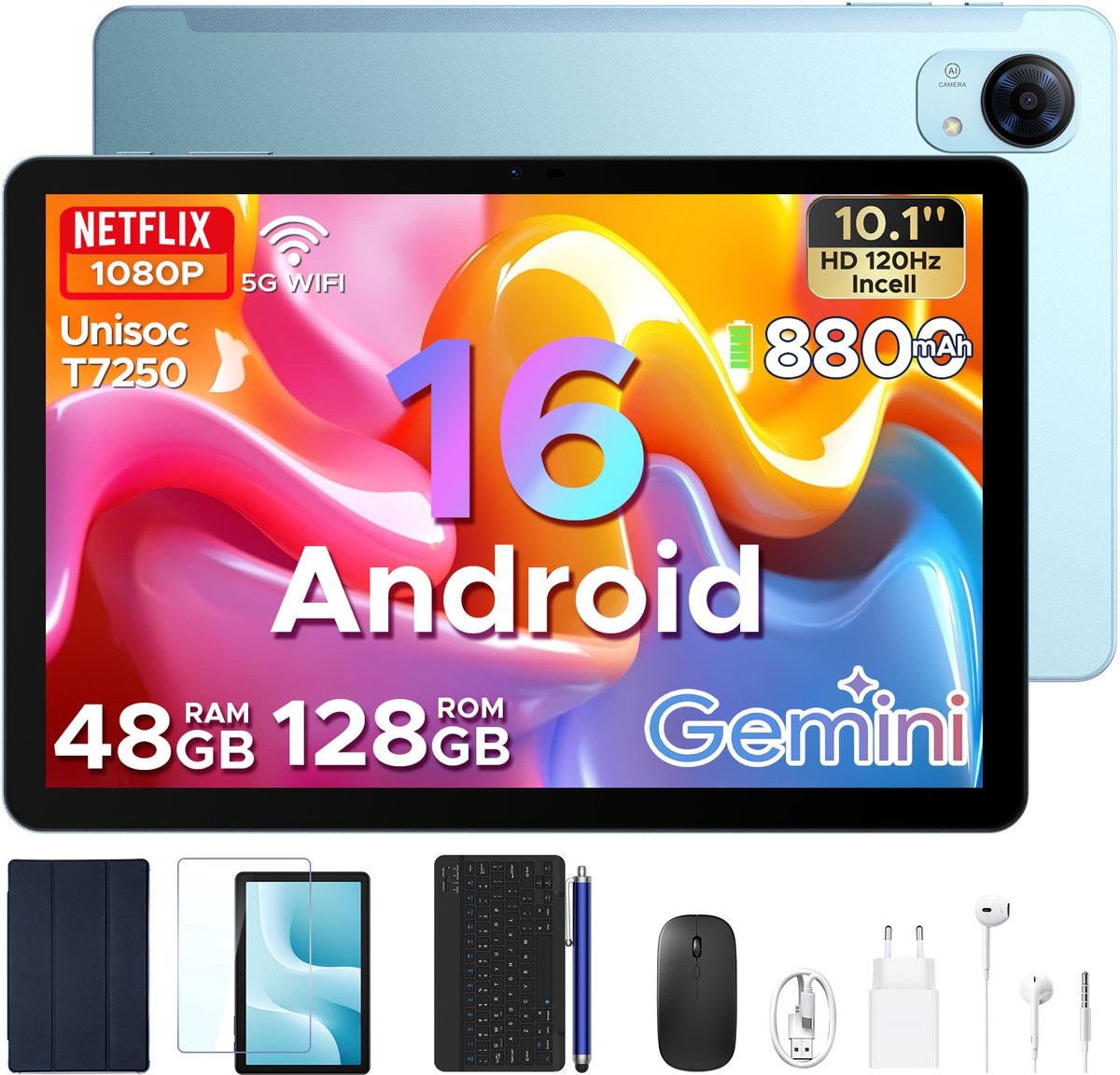 Aorlym P10 Pro Tablets - 48 GB RAM (8+40 GB) + 128 GB ROM (2 TB/TF) - 10,1 inch HD 120 Hz - Android 16 - 8800 mAh - Gemini AI - T7250 - Face ID - Dubbele luidsprekers, complete accessoirebundel met toetsenbord en stylus - Blauw (6979284600173)