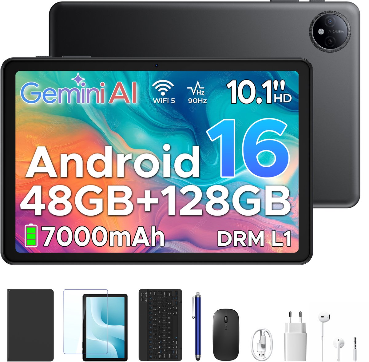 Aorlym P10 TAB - Tablet - 10,1 inch HD 90 Hz IPS - Android 16 - 48 GB RAM (8+40 GB) + 128 GB ROM - 7000 mAh - Dubbele luidsprekers - Volledige accessoirebundel met toetsenbord en stylus (6979284600395)