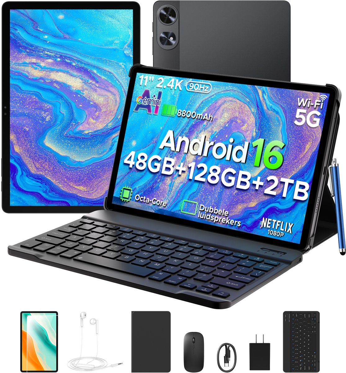 Aorlym P11 Pro - Tablet - 48 GB RAM (8+40 GB) + 128 GB ROM (2 TB/TF) - 11 inch FHD+ 90 Hz - Android 16 - 8800 mAh/18 W - T7250 - Dubbele luidsprekers - Gemini AI - Face ID - Widevine L1 - Complete accessoirebundel met toetsenbord en stylus- Zwart (6979284600333)