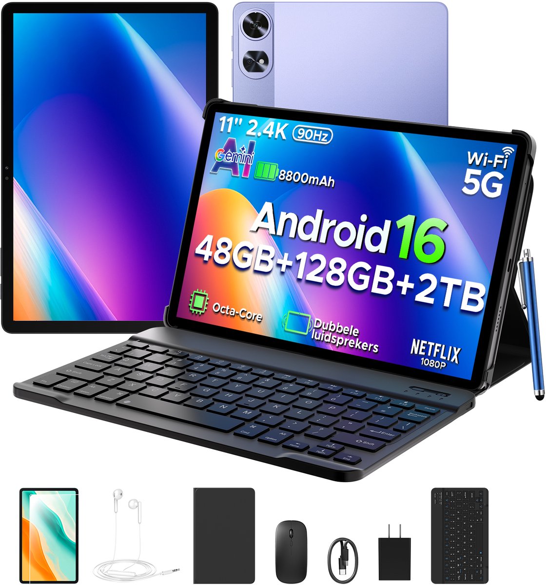 Aorlym P11 Pro - Tablet - 48 GB RAM (8+40 GB) + 128 GB ROM (2 TB/TF) - 11 inch FHD+ 90 Hz - Android 16 - 8800 mAh/18 W - T7250 - Dubbele luidsprekers - Gemini AI - Face ID - Widevine L1 - Complete accessoirebundel met toetsenbord en stylus - Paars (6979284600357)