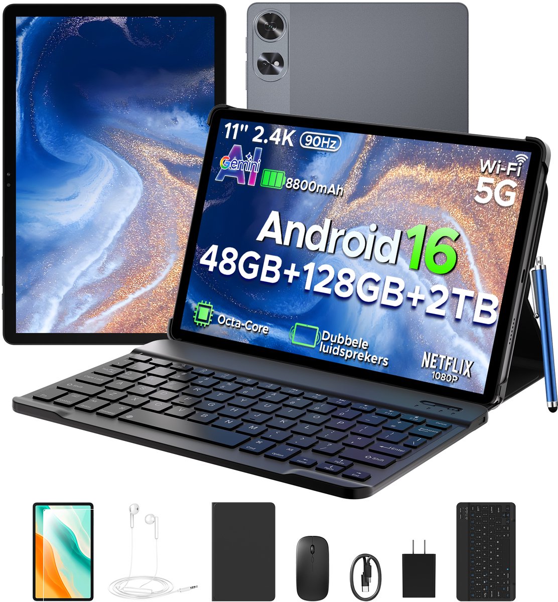 Aorlym P11 Pro - Tablet - 48 GB RAM (8+40 GB) + 128 GB ROM (2 TB/TF) - 11 inch FHD+ 90 Hz - Android 16 - 8800 mAh/18 W - T7250 - Dubbele luidsprekers - Gemini AI - Face ID - Widevine L1 - Complete accessoirebundel met toetsenbord en stylus (6979284600340)