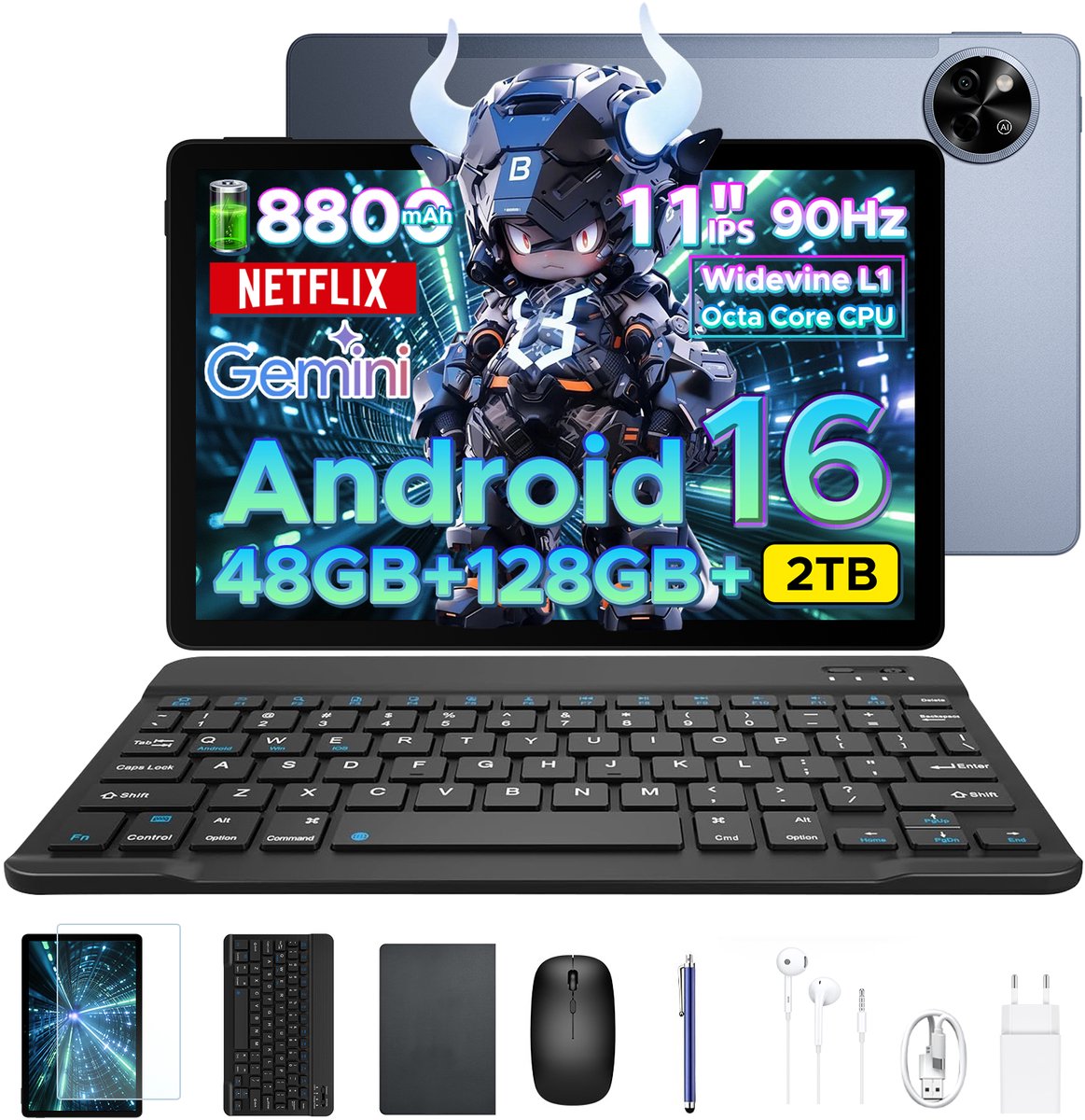 Aorlym P11 Tablet - 48GB RAM+128GB ROM/TF 2TB - Android 16 - 11 inch tablet 90Hz - T7250 - 8800mAh - 13MP+5MP - Gemini AI - Widevine L1 - Face ID - 5G WIFI - Dubbele luidsprekers - Pen, toetsenbord, muis - Grijs (6979284600241)