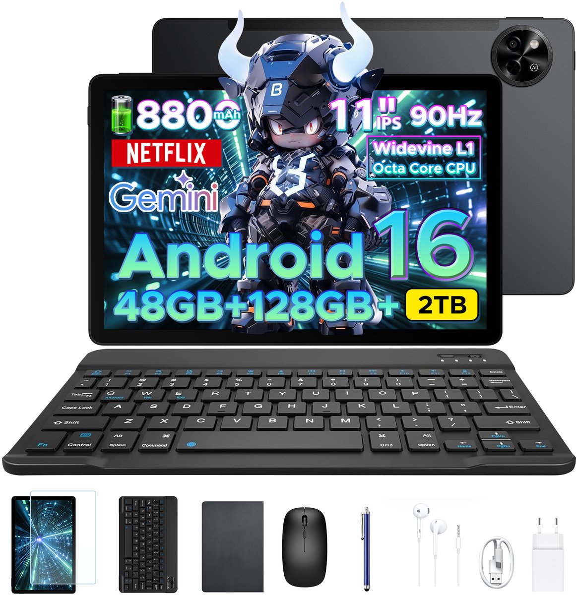 Aorlym P11 Tablet - 48GB RAM+128GB ROM/TF 2TB - Android 16 - 11 inch tablet 90Hz - T7250 - 8800mAh - 13MP+5MP - Gemini AI - Widevine L1 - Face ID - 5G WIFI - Dubbele luidsprekers - Pen, toetsenbord, muis - Zwart (6979284600234)