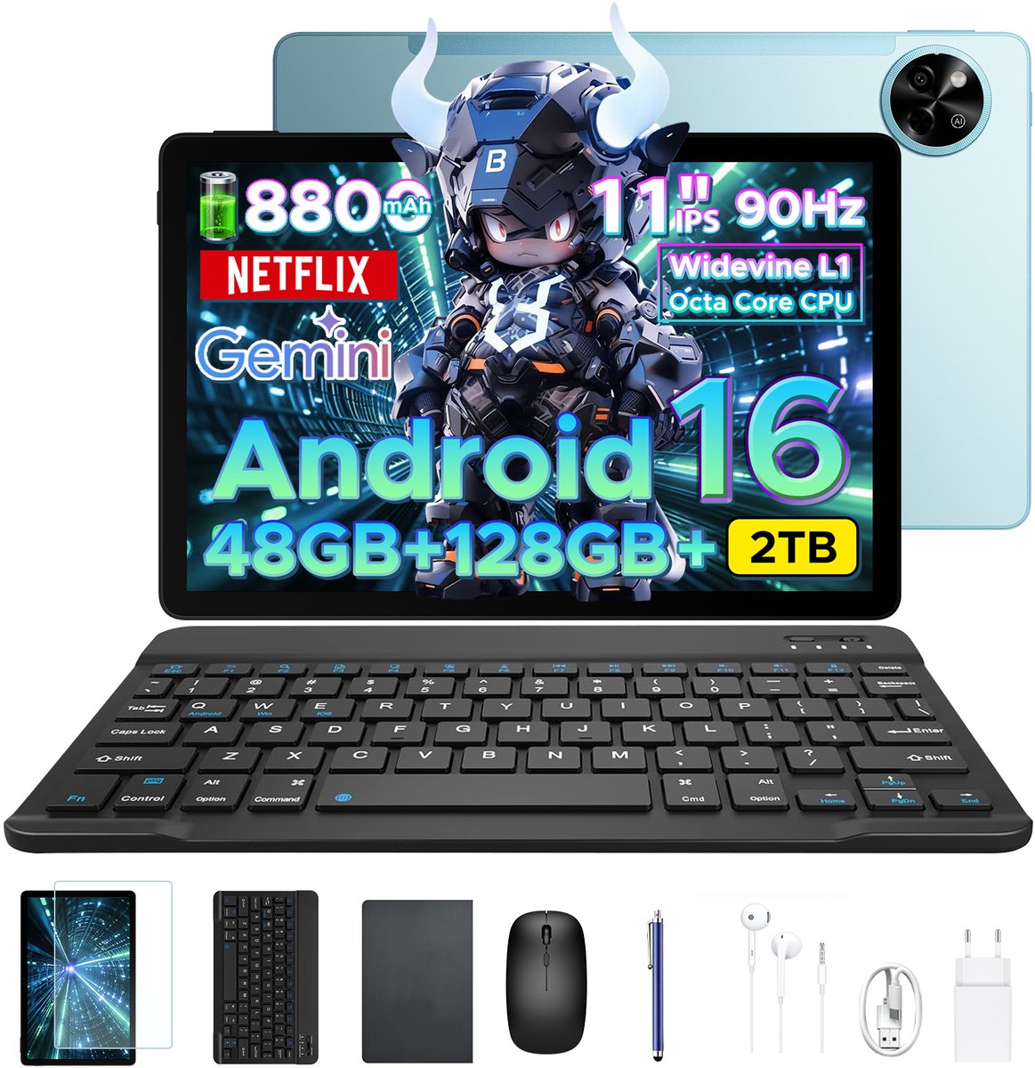 Aorlym P11 Tablet - 48GB RAM+128GB ROM/TF 2TB - Android 16 - 11 inch tablet 90Hz - T7250 - 8800mAh - 13MP+5MP - Gemini AI - Widevine L1 - Face ID - 5G WIFI - Dubbele luidsprekers - Pen, toetsenbord, muis - Blauw (6979284600258)