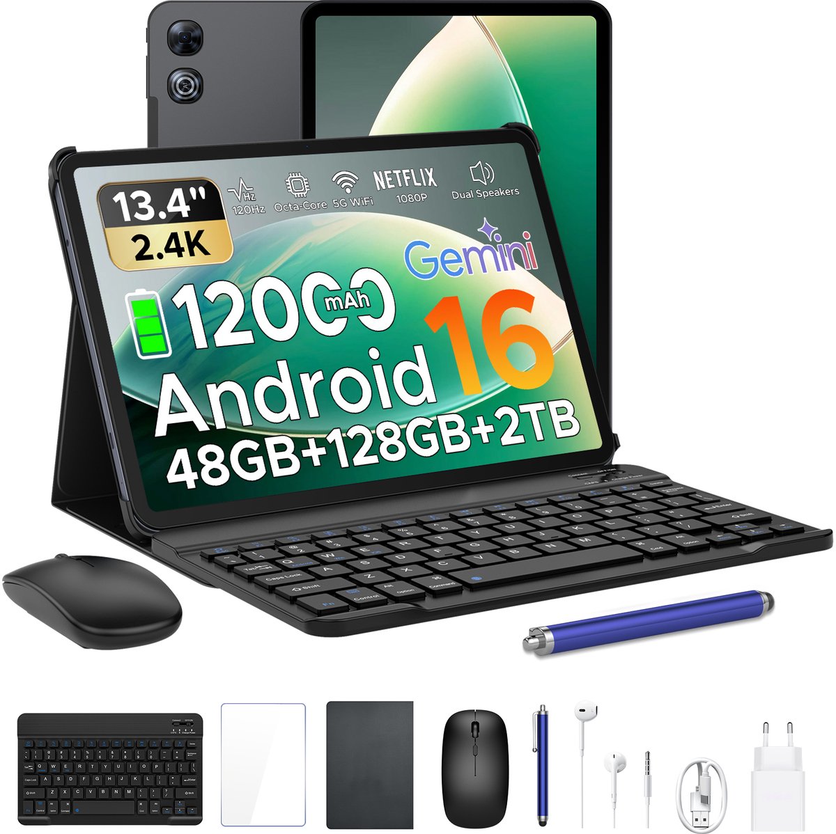 Aorlym P13 Tablets - 48 GB RAM 128 GB ROM - 13,4 inch 2,4K 120 Hz - Android 16 - Gemini AI - 12000 mAh/18 W - Face ID - Widevine L1 - 13 MP + 8 MP camera - Dubbele luidsprekers - Tablet met toetsenbord en pennenhouder - Zwart (6979284600098)