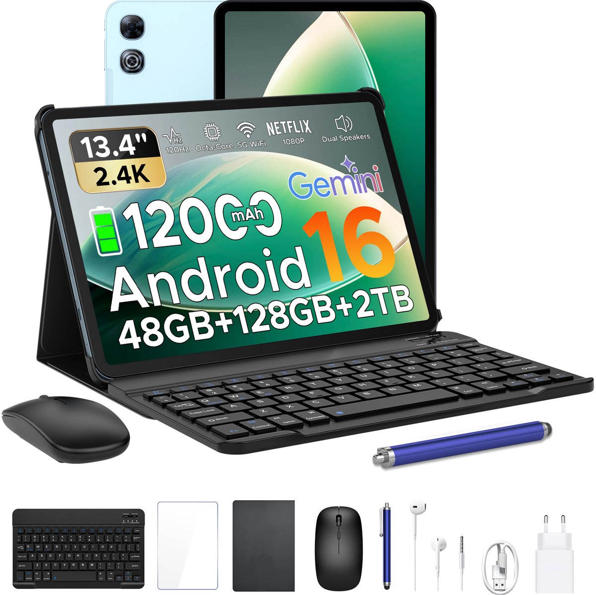 Aorlym P13 Tablets - 48 GB RAM 128 GB ROM - 13,4 inch 2,4K 120 Hz - Android 16 - Gemini AI - 12000 mAh/18 W - Face ID - Widevine L1 - 13 MP + 8 MP camera - Dubbele luidsprekers - Tablet met toetsenbord en pennenhouder - Blauw (6979284600111)