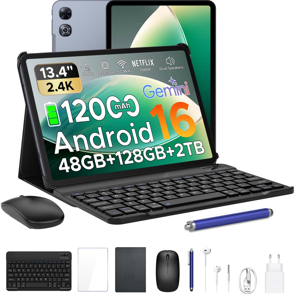 Aorlym P13 Tablets - 48 GB RAM 128 GB ROM - 13,4 inch 2,4K 120 Hz - Android 16 - Gemini AI - 12000 mAh/18 W - Face ID - Widevine L1 - 13 MP + 8 MP camera - Dubbele luidsprekers - Tablet met toetsenbord en pennenhouder - Grijs (6979284600104)