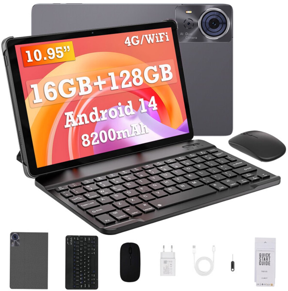 CUBOT TAB 70 Tablet - 16GB RAM 128GB ROM - 8200 mAh - 10.95 inch - Dual SIM 4G - Android 14 - Met Toetsenbord(QWERTY), Beschermhoes, Muis- Grijs (6221300301190)