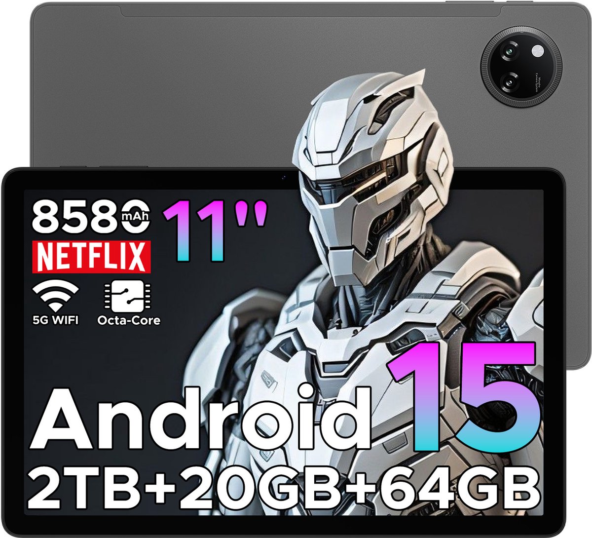 DOOGEE TAB A9+ - Tablet - 20GB RAM + 64GB ROM(2TB/TF) - 11 inth HD IPS 90Hz - Android 15 - 8580 mAh - Unisoc T7200 - 5G WiFi - Dubbele luidsprekers- Face ID - Grijs (6923740262481)