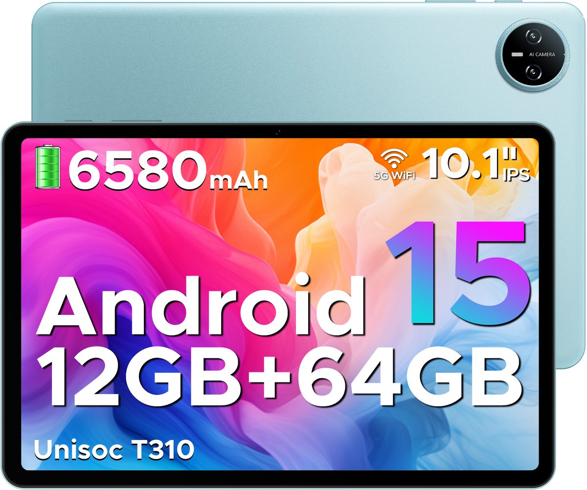 DOOGEE TAB A9 - Tablet - Android 15 - 12GB RAM + 64GB ROM(2TB/TF) - 10 Inch - 6580 mAh - 5G WiFi - Tablet Unisoc T310 - Dubbele Luidspreker - 3,5 mm aansluiting - Face ID - Blauw (6923740255797)