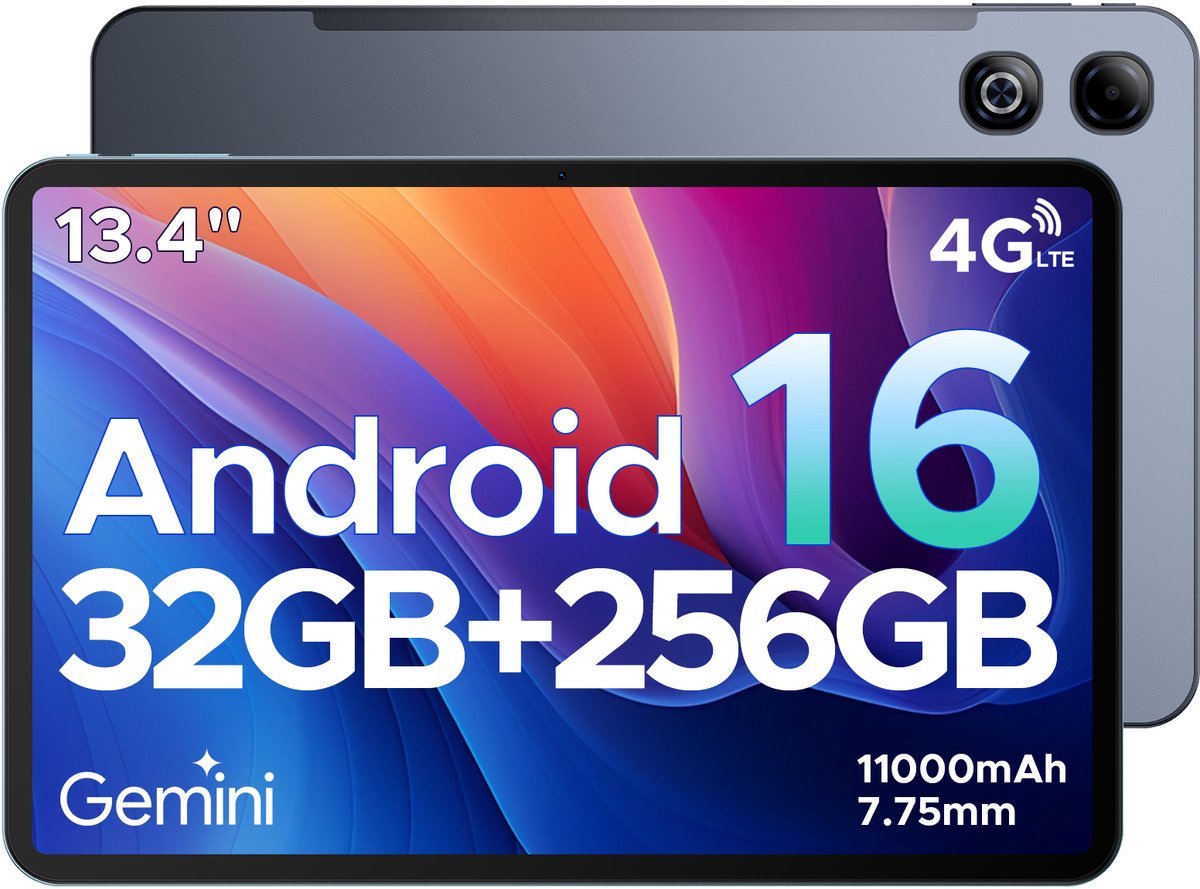 DOOGEE TAB G6 MAX - Android 16-tablet - 4G LTE - 13,4-inch FHD+ 90Hz IPS - 11000mAh/18W - 32GB ROM + 256GB RAM/2TB TF - Octa-core gamingtablet - 5G Wi-Fi - Widevine L1 - Face ID - OTG - Dubbele luidsprekers (6923740289952)