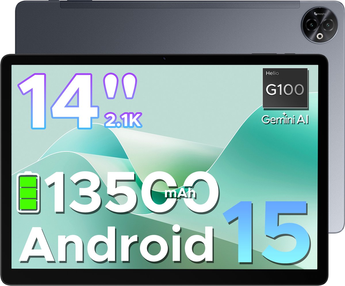 DOOGEE Tab E3 Max -Tablet-Android 15- 14 inth IPS - 4G LTE-Gemini AI-32GB ROM+256GB ROM(2TB TF)-Helio G100-13500mAh/18W-Quad Speakers-Face ID-5G Wi-Fi-A GPS-GPS-Grijs (6923740258095)