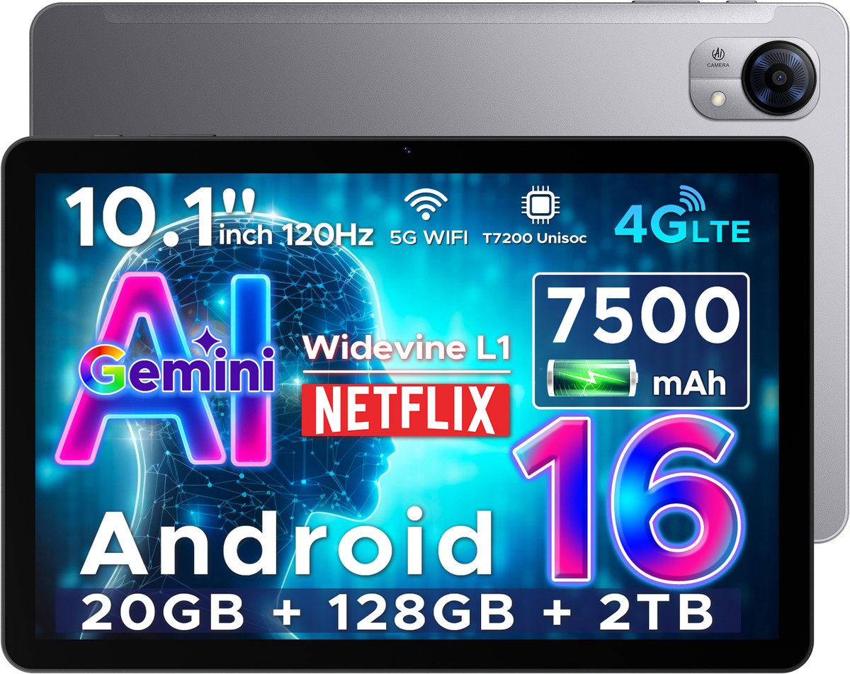 DOOGEE Tab G5 - Tablet - 20GB + 128GB (2TB TF) - 4G LTE - Android 16 - 10 inth 120Hz IPS HD - Unisoc T7200 - 7500mAh - 2 Lautsprecher - Widevine L1 - Face ID - GPS - Grijs (6942654903730)
