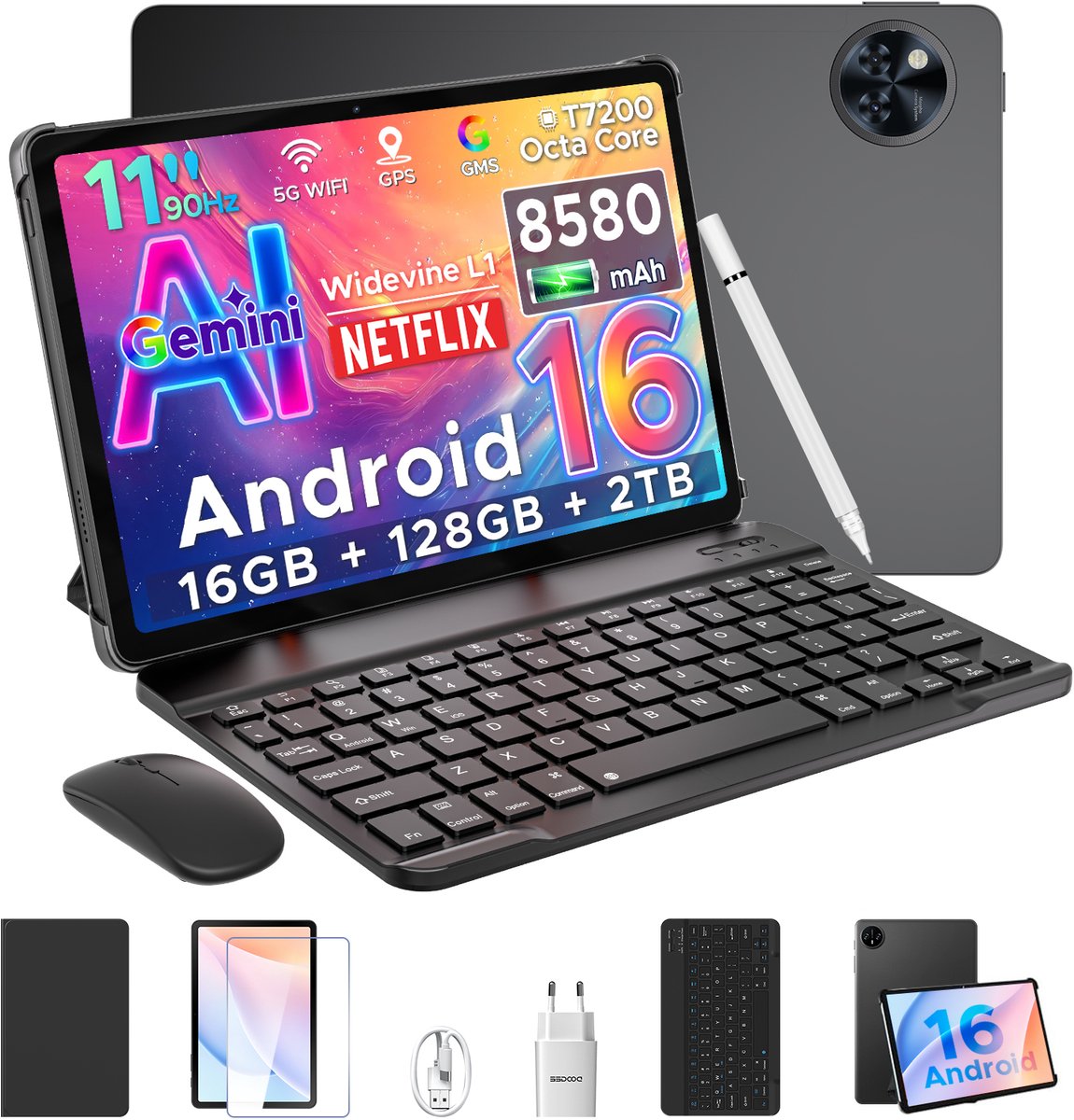 DOOGEE U11 Tablet - Tablette met toetsenbord - 16 GB RAM + 128 GB ROM - Android 15 - 11 inth 90Hz - 8580 mAh - Ultradunne 7,9 mm - inclusief muis - Stylus - Beschermhoes - Schermbeschermer - Zwart (6923740247532)