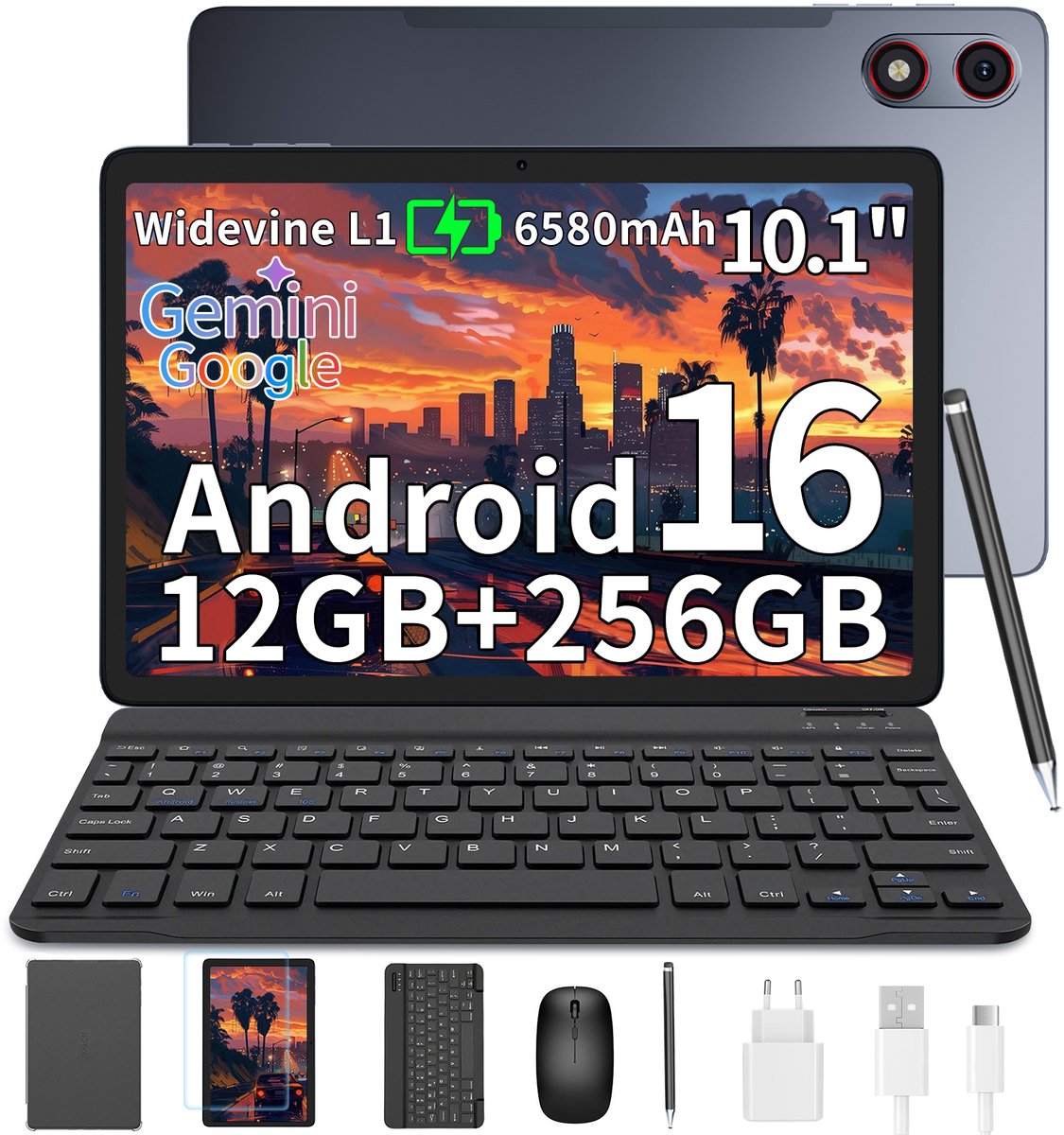 HOTWAV Pad 13 Pro - Tablet met toetsenbord + muis + stylus - Android-tablet - 10,1 inch - 120 Hz verversingssnelheid - 12+256 GB RAM/ROM - 6580 mAh-batterij - 13 MP-camera - 4G dual-sim - gezichtsherkenning - Grijs (8793222322266)