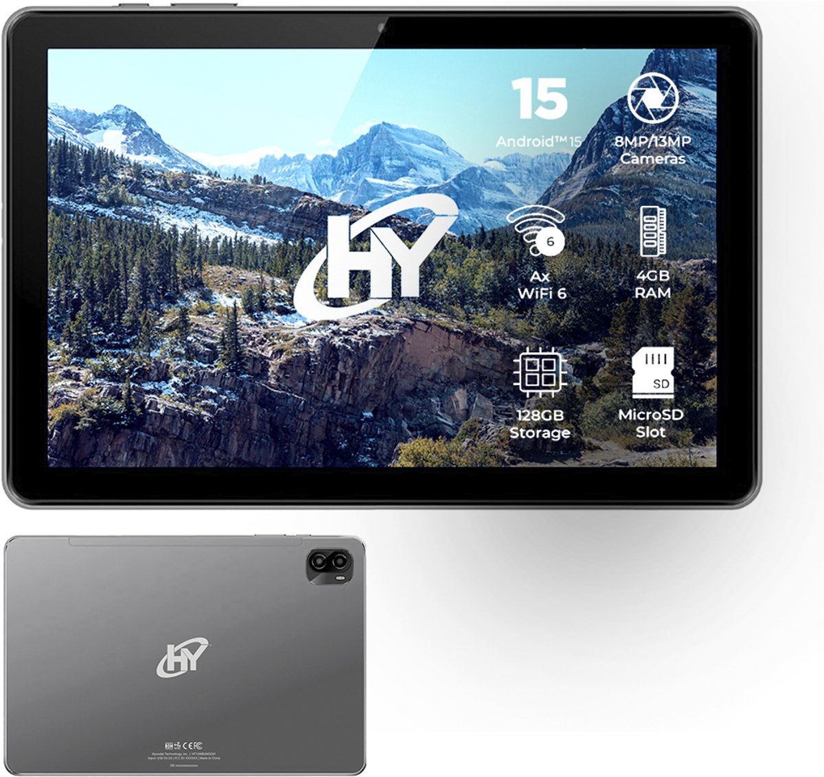 Hyundai Tablet HYTab Plus 10.1 Inch - Tablet Android 13 - Inclusief Stylus Pen, Oordopjes en Screenprotector - Octa Core A523 - HD IPS 1280x800 - 4GB RAM - 128GB Opslag - 13MP + 8MP Camera - WiFi - 6000mAh, Space Grey (0810127261150)